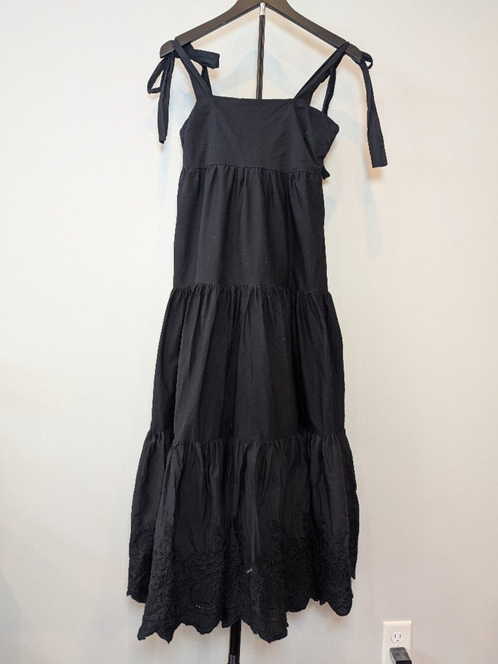 JASON WU Women's Size S Black Tiered Shoulder Tie Maxi Dress Embroidered Classic